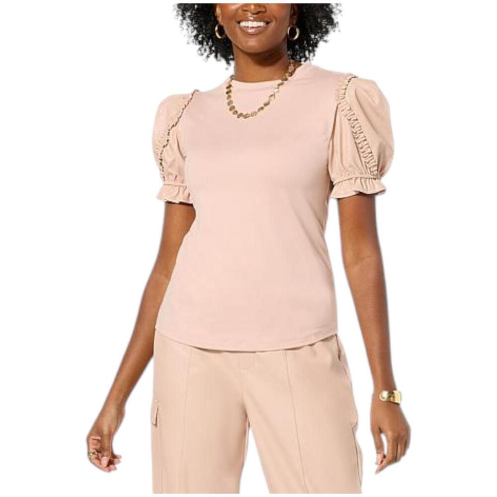 G by Giuliana Women's G-Knit Top Ruffled Faux Leather Slvls Warm Tan - Regular